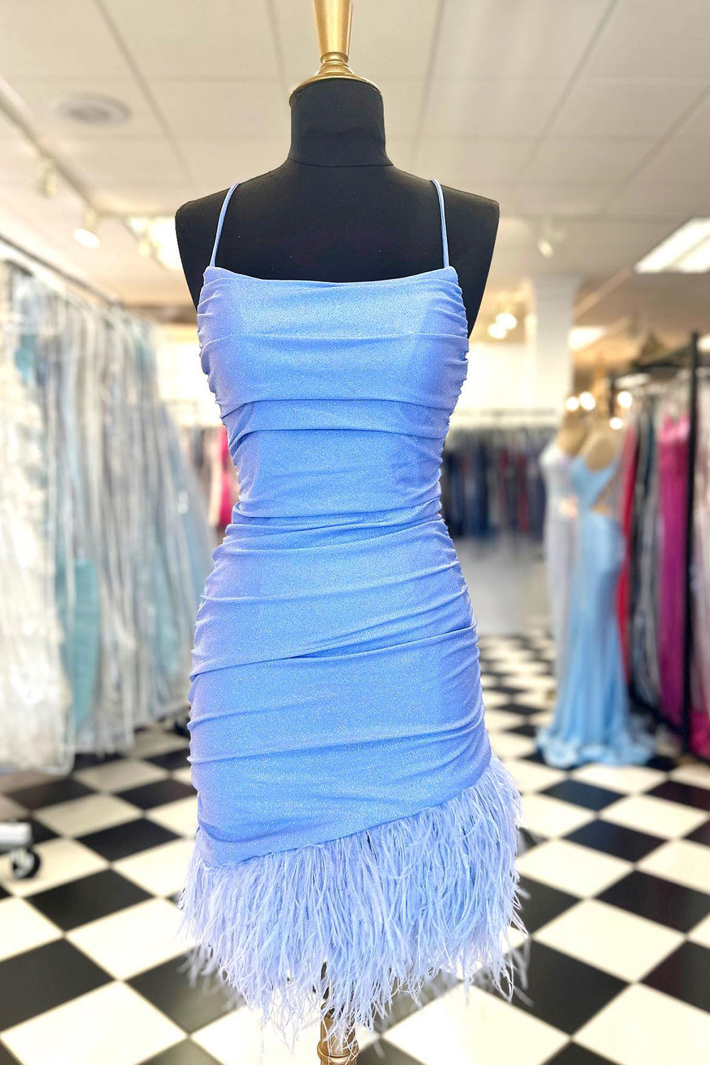 Glitter Light Blue Feathered Tight Short Homecoming Dress/Mini Dress
