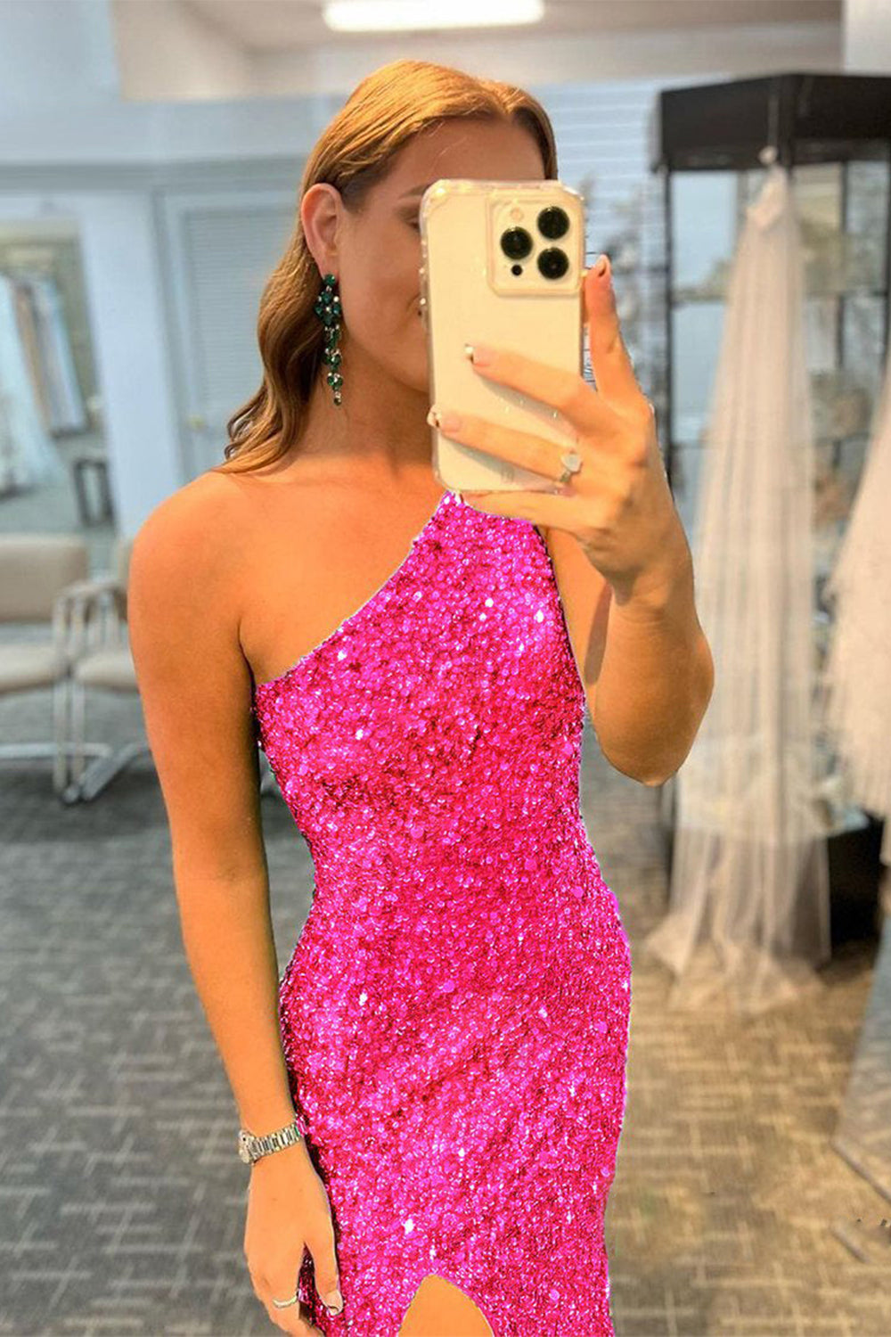 Long Black Glitter Prom Dress Featuring Sequins and a Slit