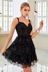 Black Corset A-Line Short Homecoming Dress/Mini Dress with Lace