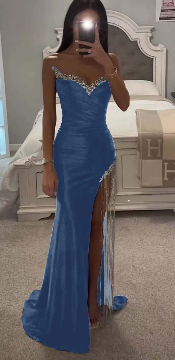 Strapless Sleeveless Long Mermaid Formal Dress With Split Tassel Beading