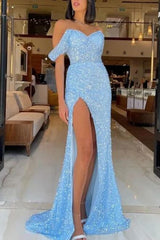 Modern Slit Sky Blue Sweetheart Sequins Straps Mermaid Evening Dress Tulle With Detachable Ruffles