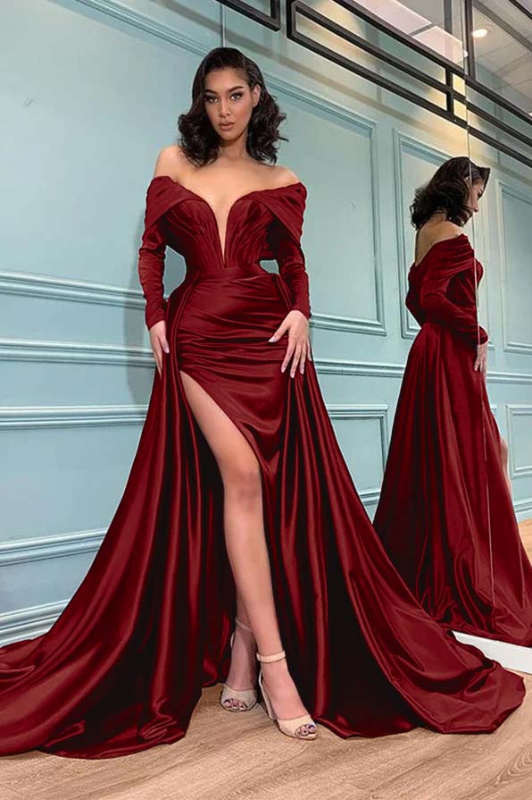 Burgundy Mermaid Long Sleeves Evening Dress