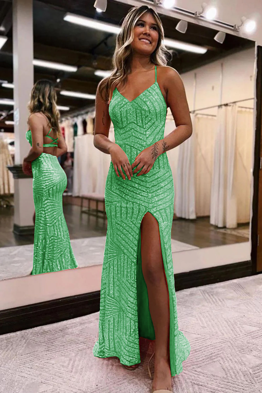 Long Orange Sequined Prom Dress with Criss Cross Back and Sheath Spaghetti Straps