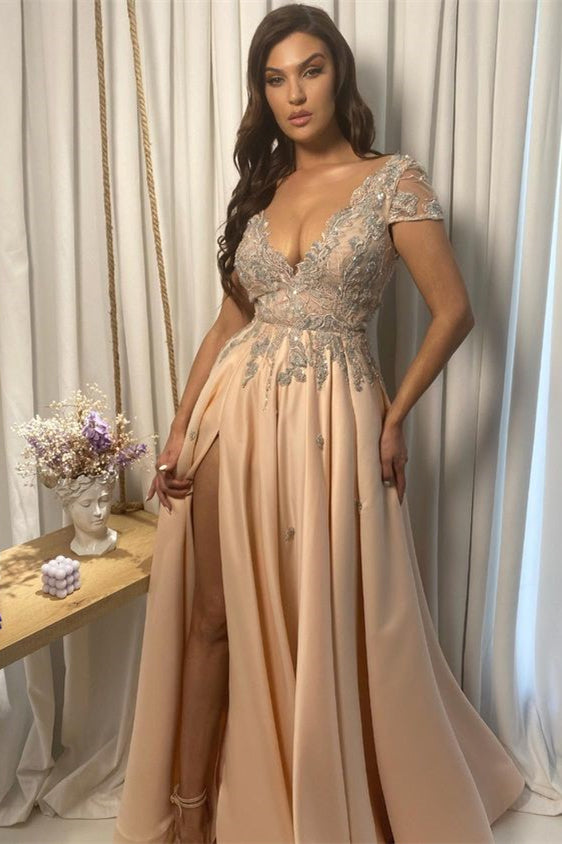 Formal V-Neck Short Sleeves Split Evening Dress With Appliques
