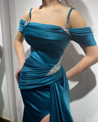 Ink Blue Formal Dress Spaghetti Strap With Sleeveless High Split