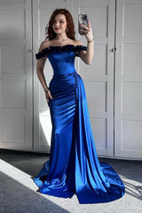 Off the Shoulder Sleeveless Mermaid Long Formal Dress With Ruffles