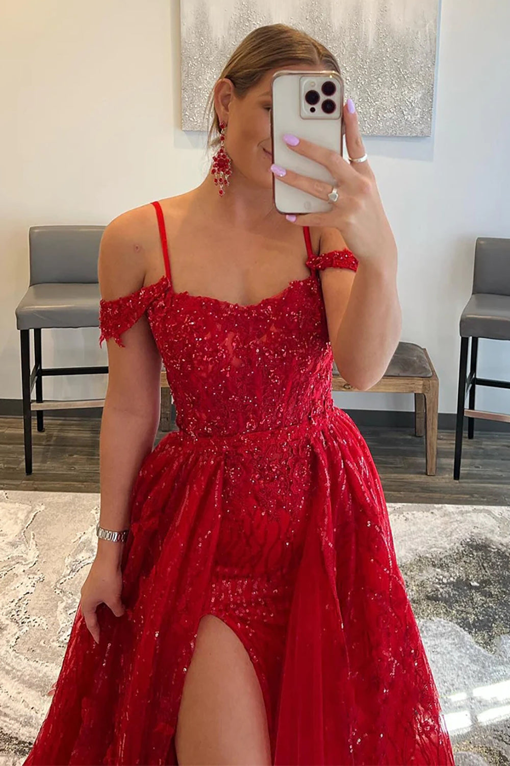 Off-the-Shoulder Red Tulle Prom Dress Featuring Beading