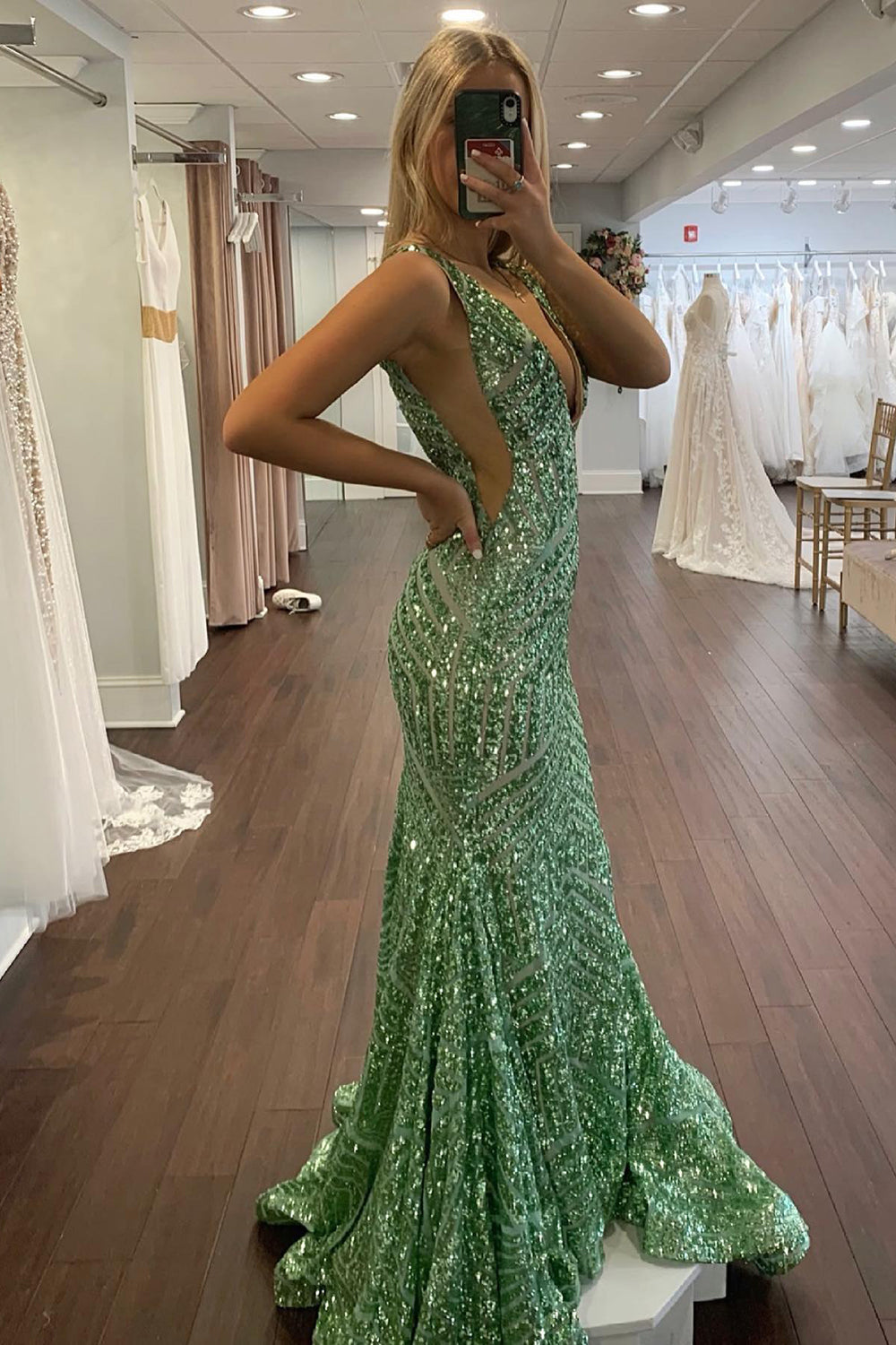Deep V Neck Sequin Mermaid Prom Dress in Mustard Green