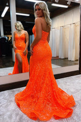 Mermaid Prom Dress with Orange Spaghetti Straps