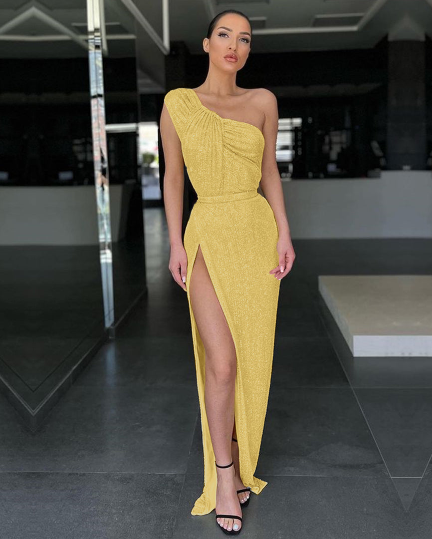 Yellow Mermaid One-Shoulder Evening Dress Sequins Split