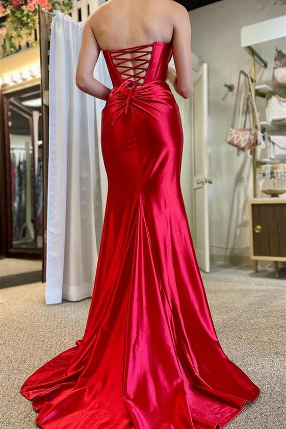 Orange Strapless Mermaid Corset Prom Dress Featuring a Front Split