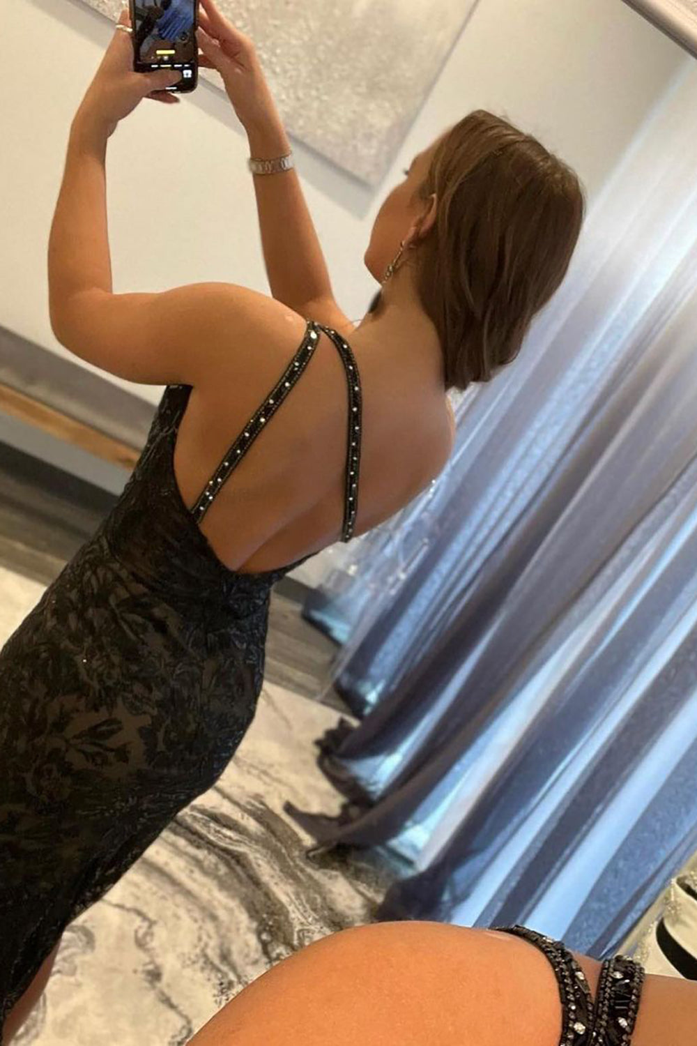 Black Sequined Long Prom Dress with One Shoulder Sheath and Front Split