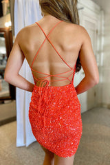 Sparkly Orange Spaghetti Straps Tight Sequin Homecoming Dress/Mini Dress