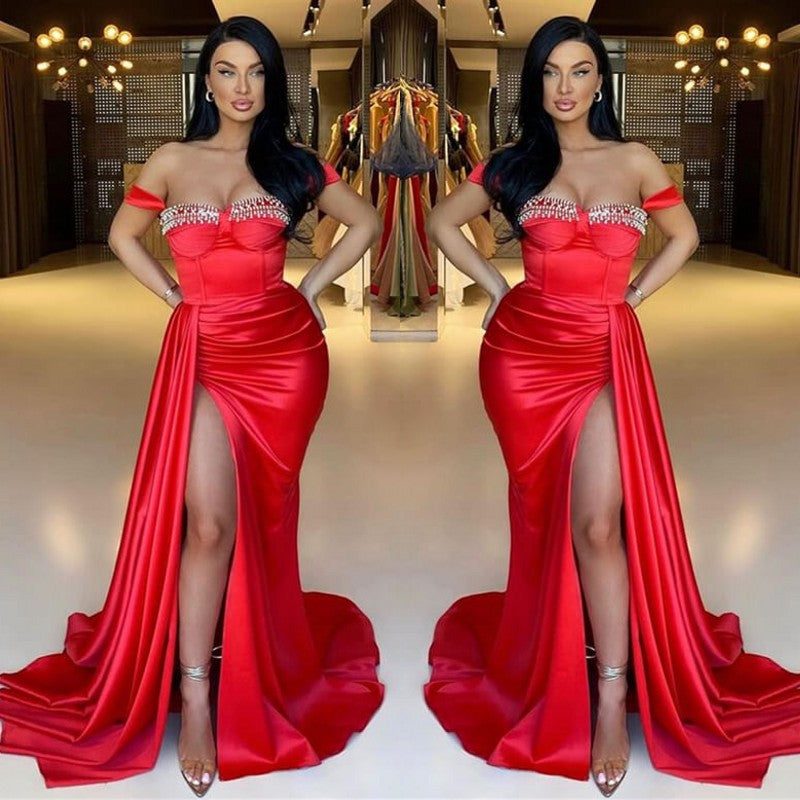 Red Mermaid Off-The-Shoulder Beadings Sweetheart Evening Dress Long With Ruffles Split
