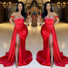 Red Mermaid Off-The-Shoulder Beadings Sweetheart Evening Dress Long With Ruffles Split