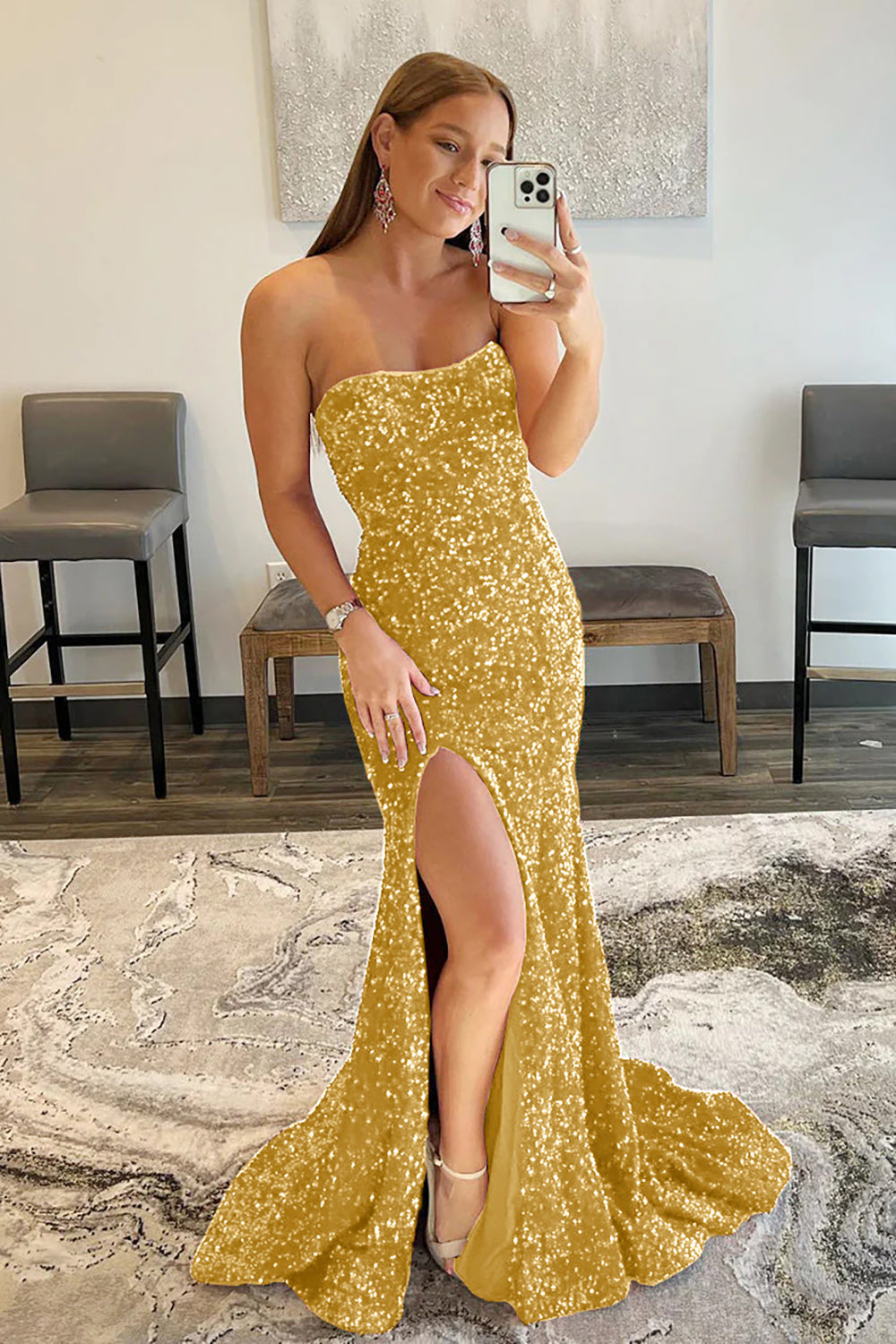 Long Red Prom Dress with Mermaid Sequins and Slit