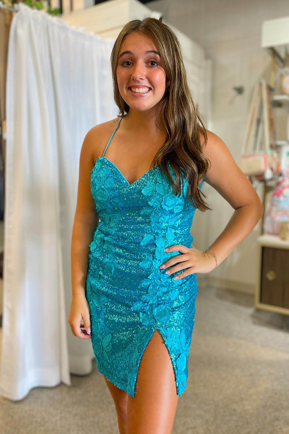 Sparkly Lilac Sequined Tight Short Homecoming Dress/Mini Dress with 3D Flowers