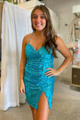 Sparkly Lilac Sequined Tight Short Homecoming Dress/Mini Dress with 3D Flowers