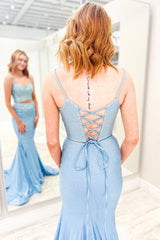 Sparkly Mermaid Prom Dress in Light Blue Two-Piece