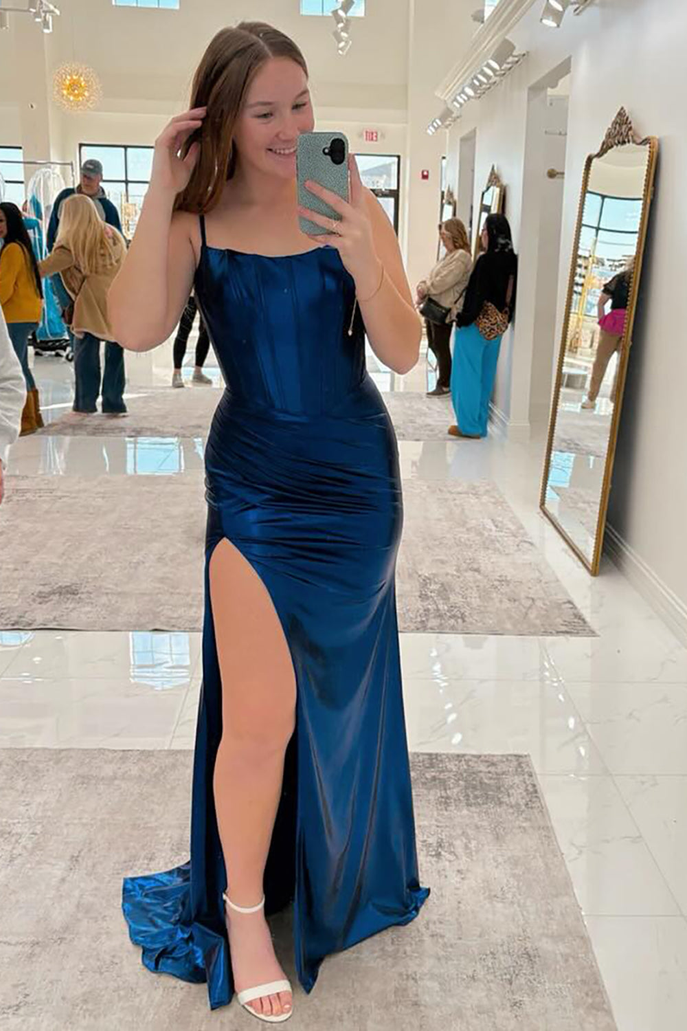 Long Gold Metallic Corset Prom Dress with Mermaid Silhouette and Spaghetti Straps