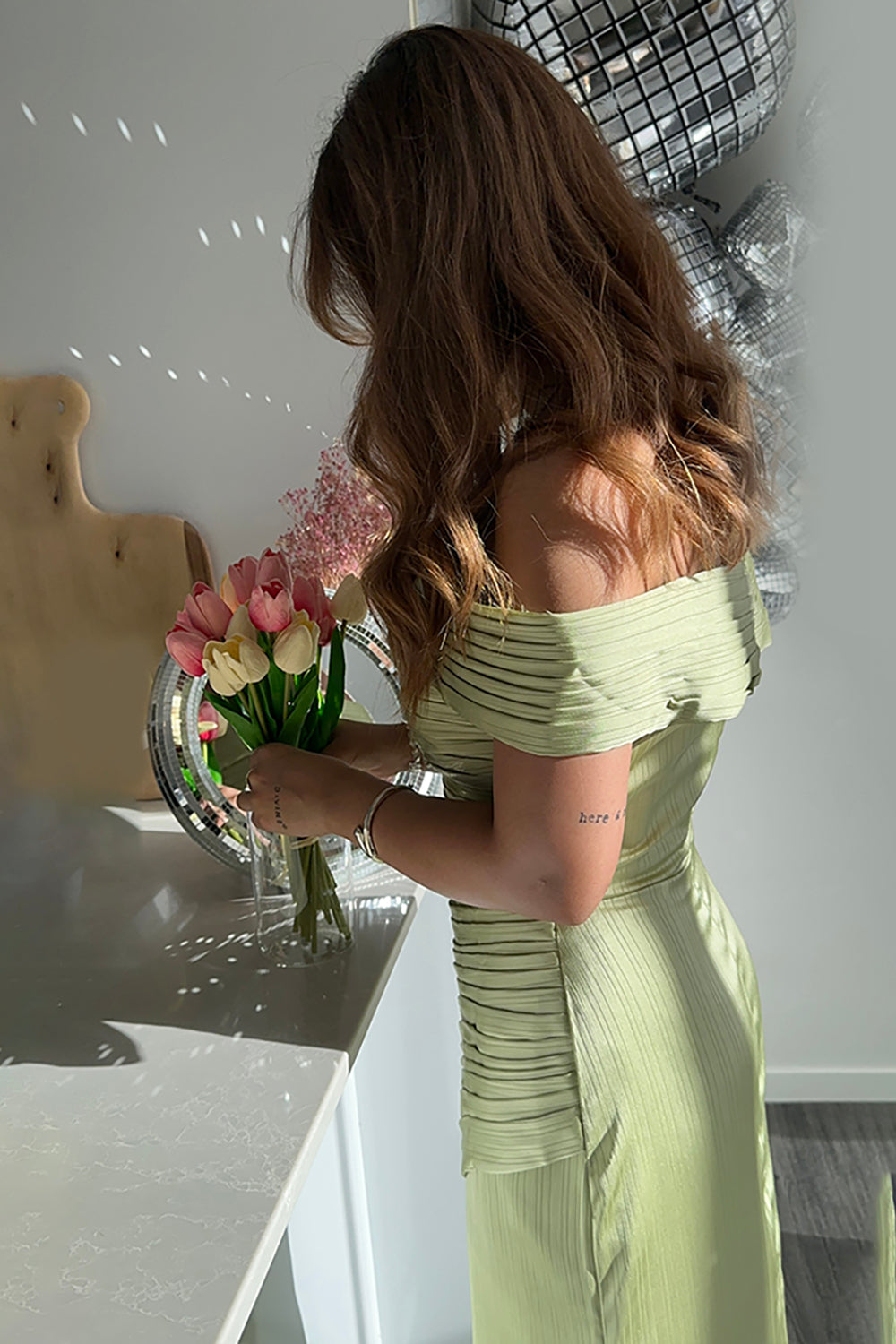 Long Green Formal Mermaid Dress with Off-Shoulder Ruched Design