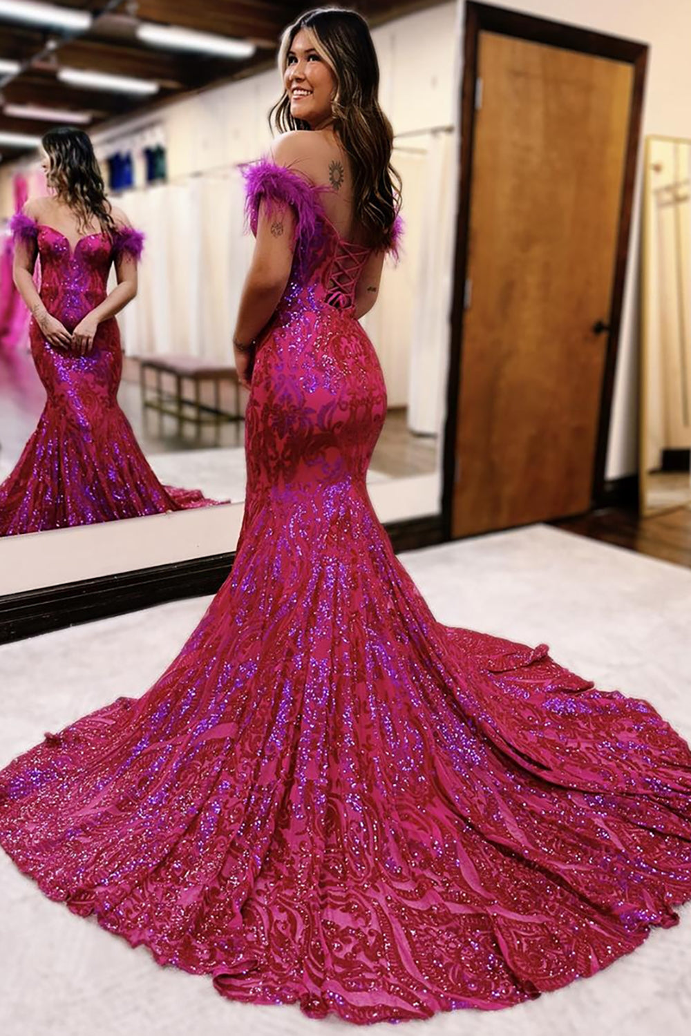 Long Off the Shoulder Mermaid Prom Dress in Sparkly Hot Pink with Sequins and Feather