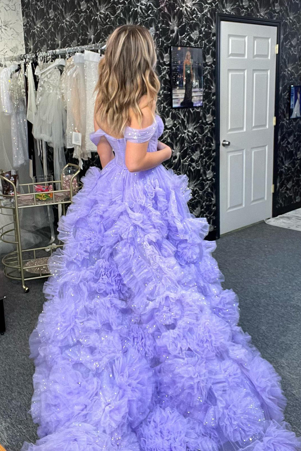 Blue Off-the-Shoulder Corset Prom Dress with Ruffles in A-Line Style