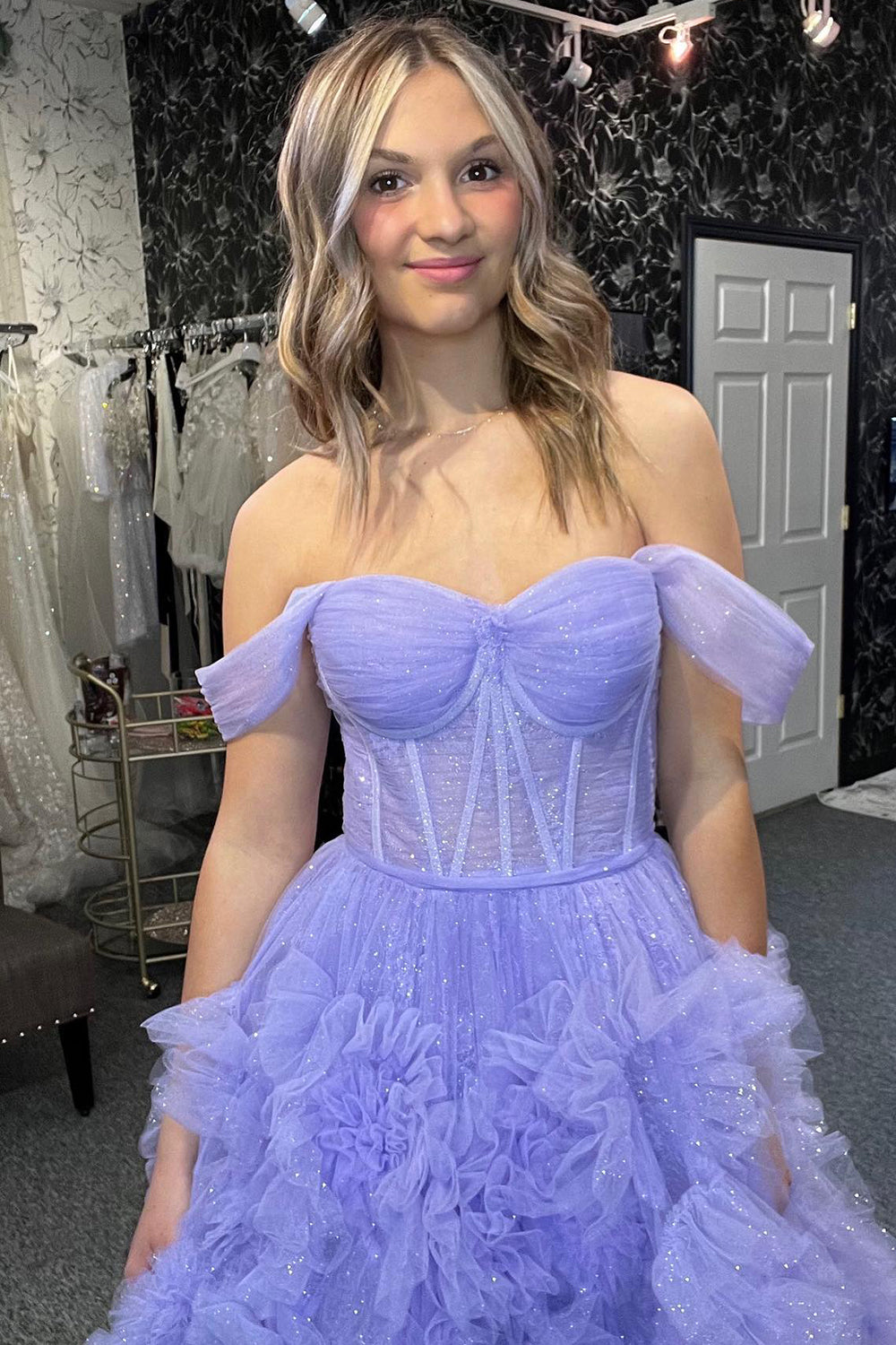 Blue Off-the-Shoulder Corset Prom Dress with Ruffles in A-Line Style