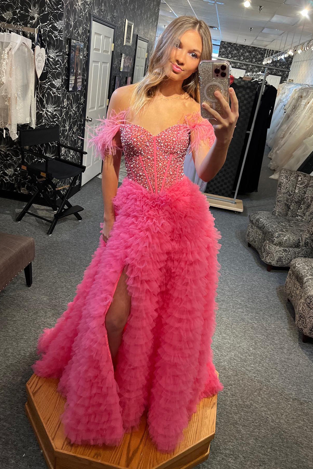 A-Line Long Corset Prom Dress in Pink with Off the Shoulder Tulle Tiered Design and Beading