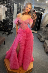 A-Line Long Corset Prom Dress in Pink with Off the Shoulder Tulle Tiered Design and Beading