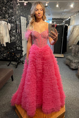 A-Line Long Corset Prom Dress in Pink with Off the Shoulder Tulle Tiered Design and Beading