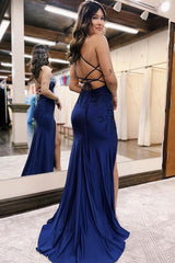 Navy Long Prom Dress with Mermaid Spaghetti Straps and Beading