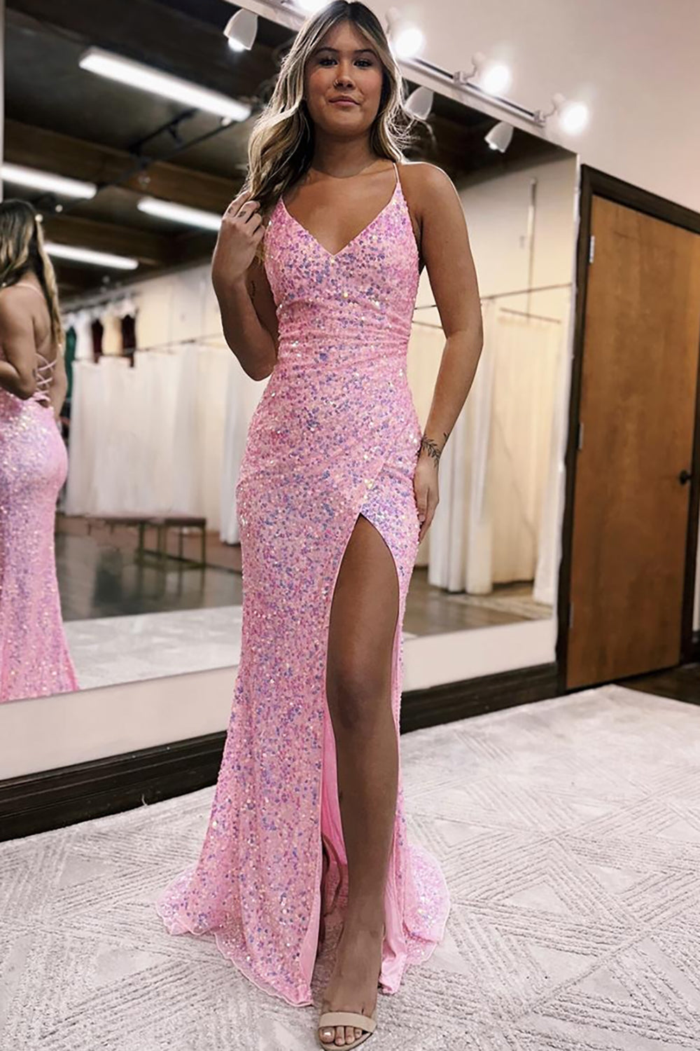 Long Pink Mermaid Prom Dress with Sparkly Sequins and Spaghetti Straps Featuring a Slit