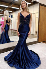 Satin Long Prom Dress in Navy with Mermaid Cut and Deep V Neckline Featuring Appliques
