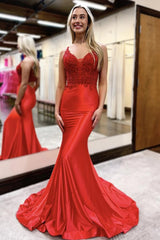 Navy Long Prom Dress with Appliques in a Mermaid Deep V Neck