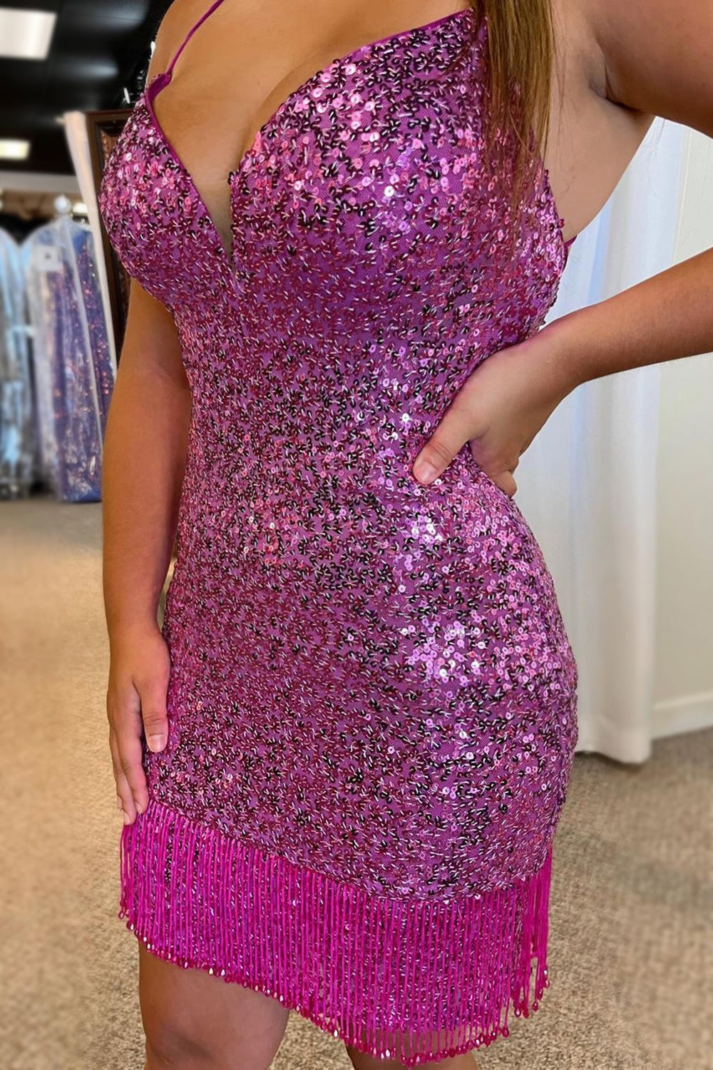 Purple Sequins Tight Homecoming Dress/Mini Dress with Fringes