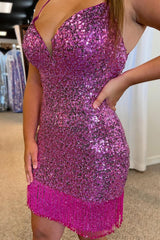 Purple Sequins Tight Homecoming Dress/Mini Dress with Fringes