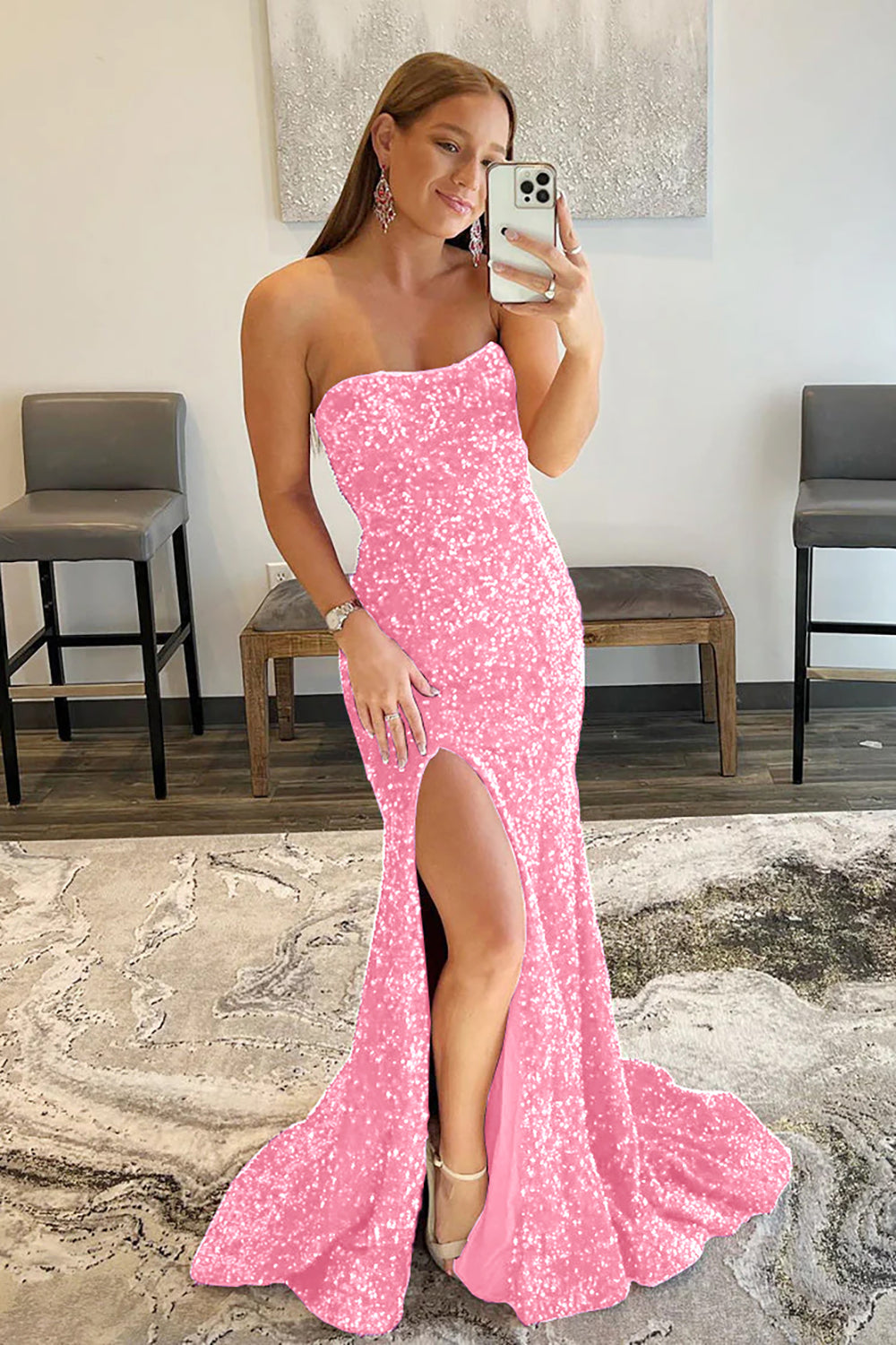 Long Red Prom Dress with Mermaid Sequins and Slit