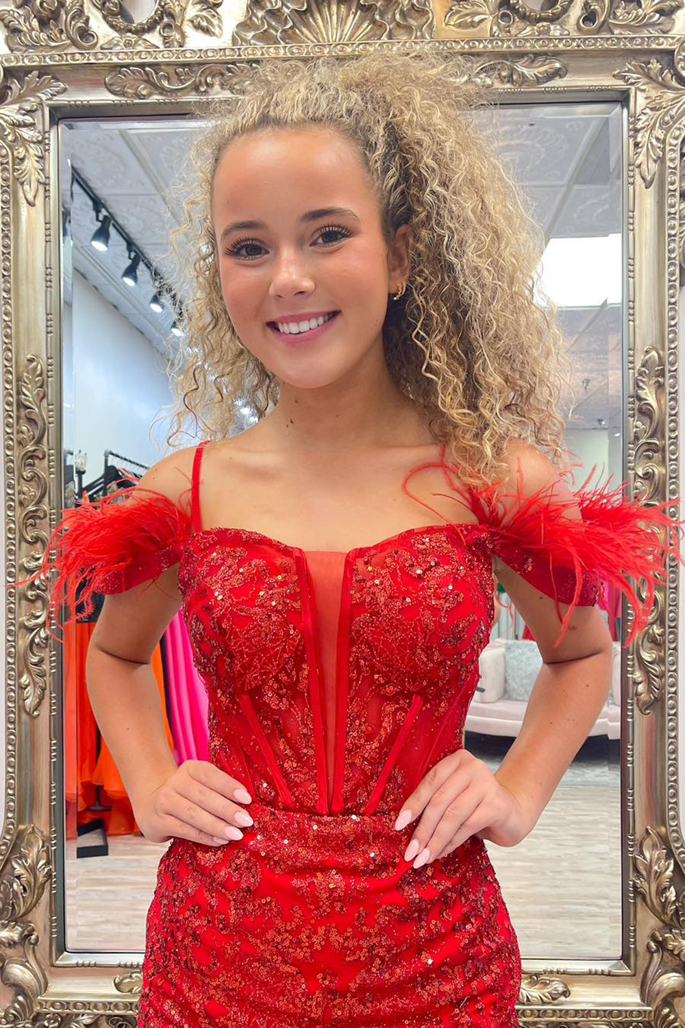 Sparkly Rose Gold Corset Sequins Tight Short Homecoming Dress/Mini Dress With Feather