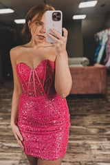 Sparkly Fuchsia Bodycon Sweetheart Sequins Corset Tight Short Homecoming Dress/Mini Dress