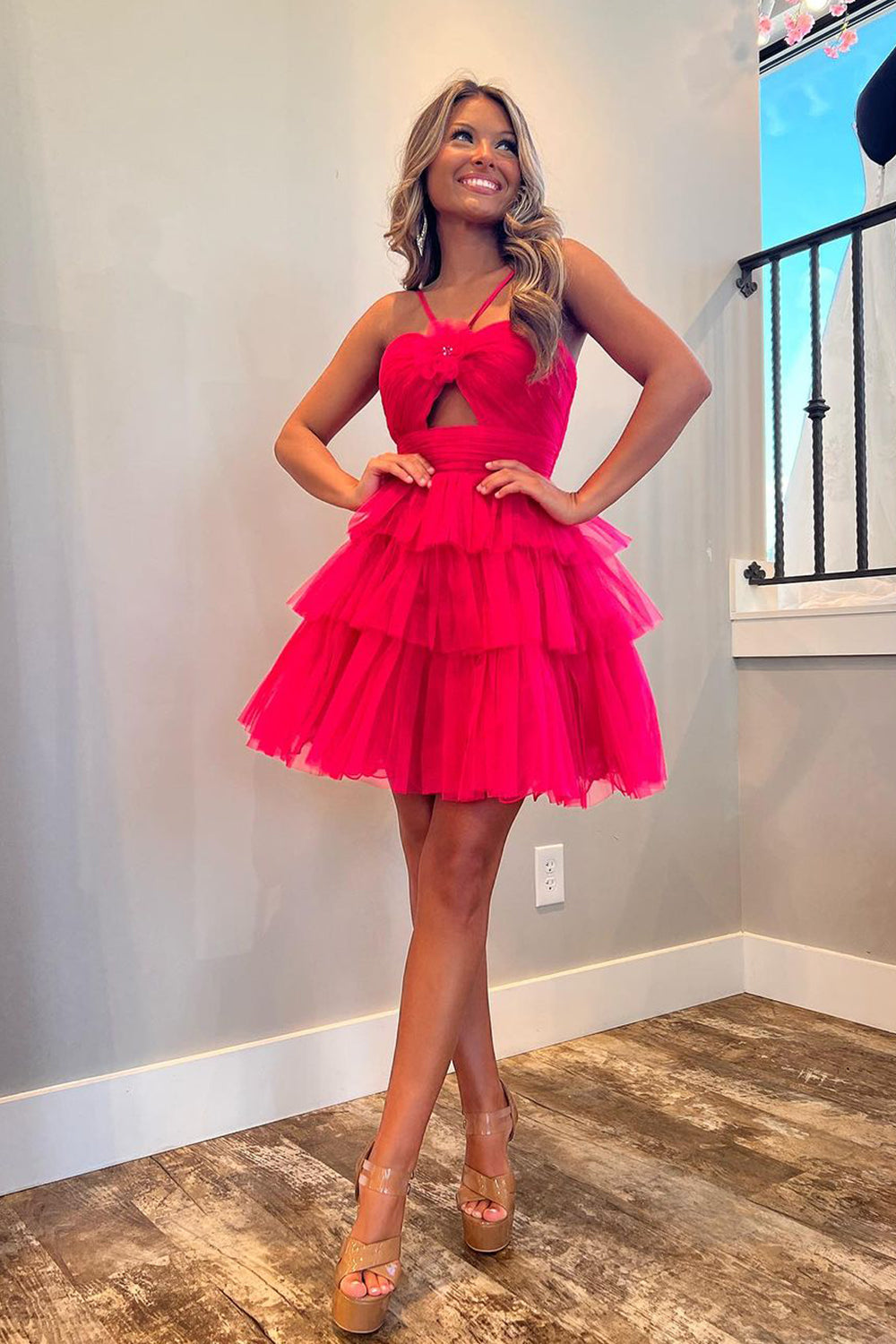 Fuchsia Keyhole Halter Tulle A Line Short Homecoming Dress/Mini Dress with Ruffles