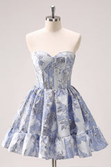 Fluffy Blue Floral Corset Strapless A Line Short Homecoming Dress/Mini Dress