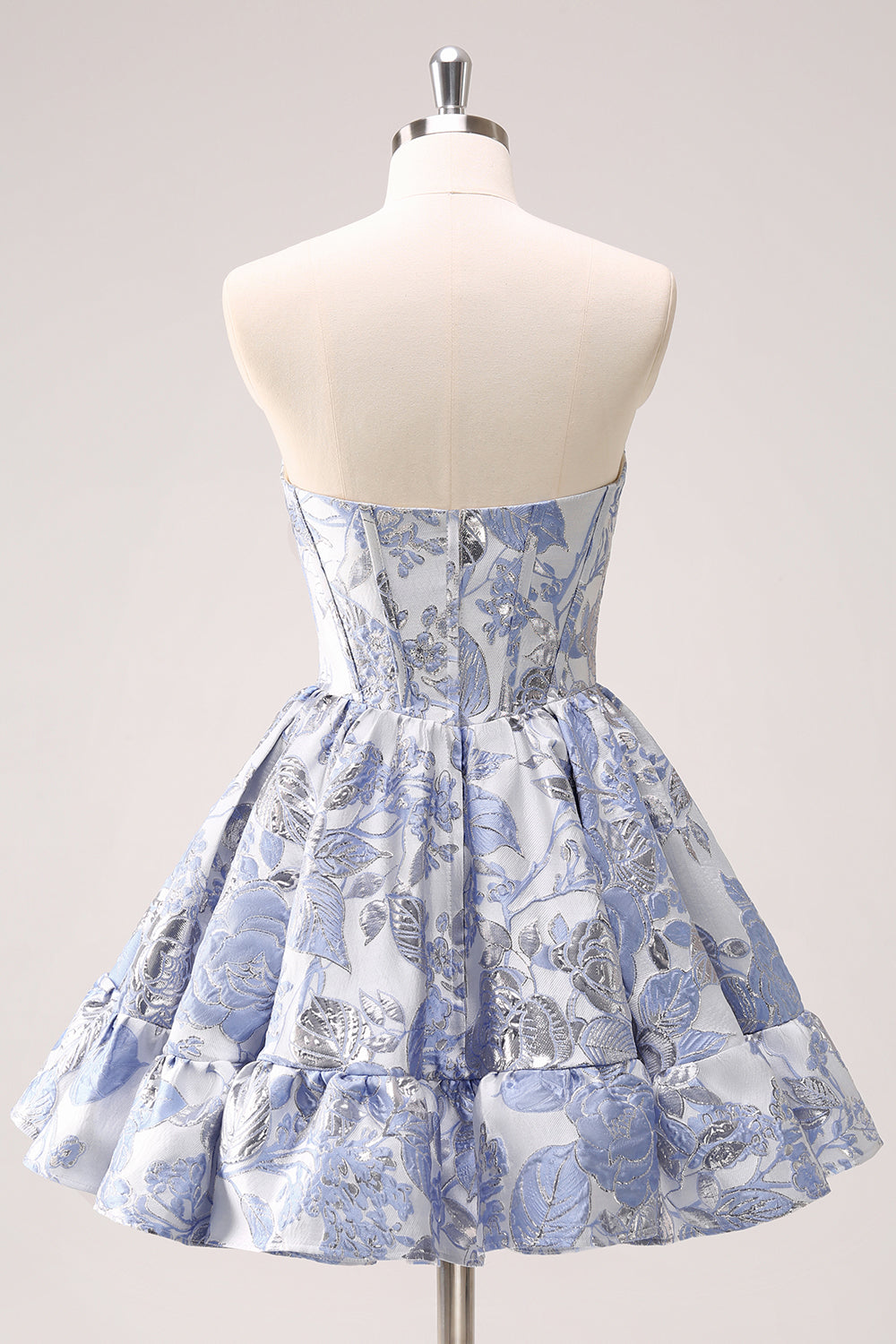 Floral Printed Blue Strapless A-Line Corset Homecoming Dress with Ruffles
