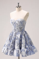 Blue Corset Sweetheart Floral A Line Short Homecoming Dress/Mini Dress