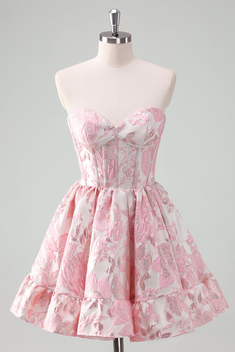 Floral Printed Blue Strapless A-Line Corset Homecoming Dress with Ruffles