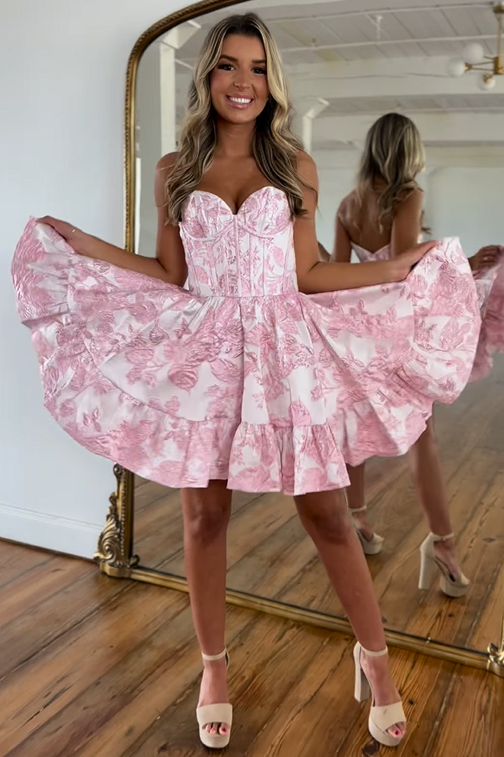 Fluffy Blue Floral Corset Strapless A Line Short Homecoming Dress/Mini Dress