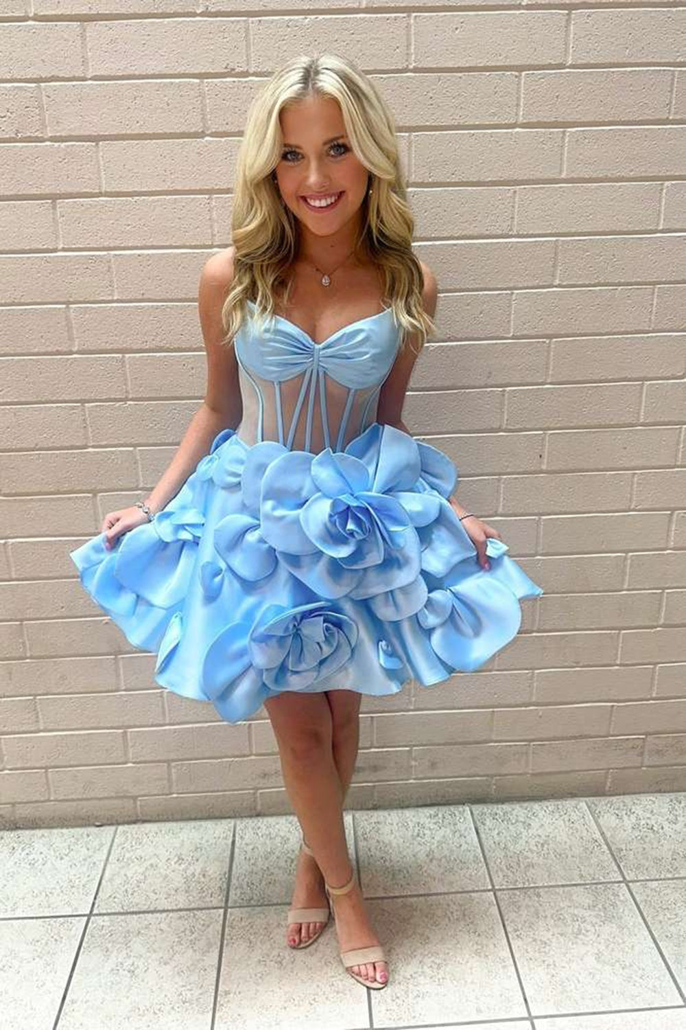 A Line Yellow Corset Short Homecoming Dress/Mini Dress With 3D Flowers