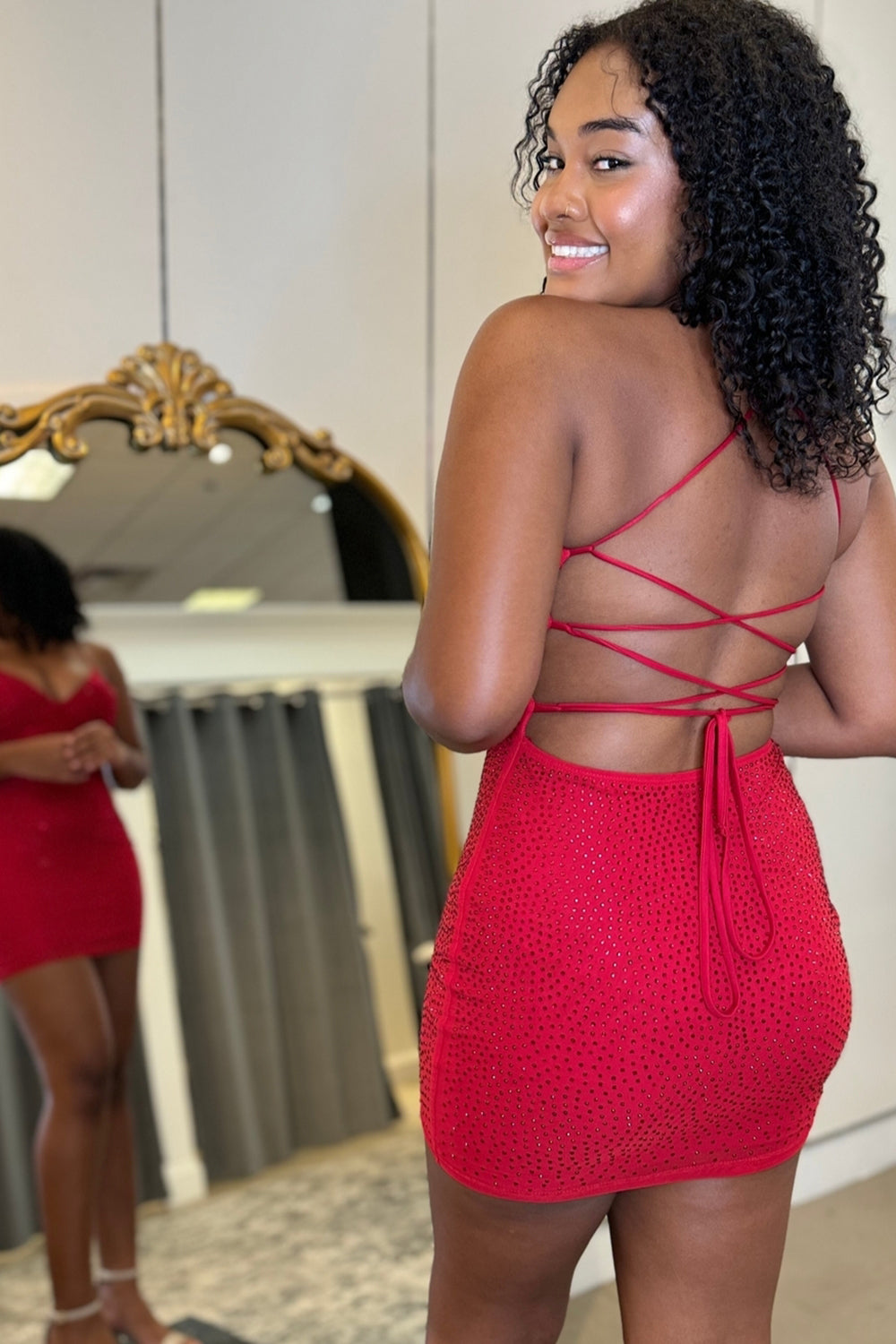 Sparkly Beaded Red Tight Short Homecoming Dress/Mini Dress