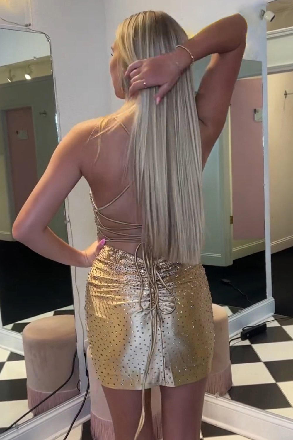 Sparkly Liaghe Beaded Tight Short Homecoming Dress/Mini Dress with Lace-Up Back