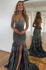 Black Sparkly Mermaid Prom Dress with Beaded Spaghetti Straps and Tiered Slit